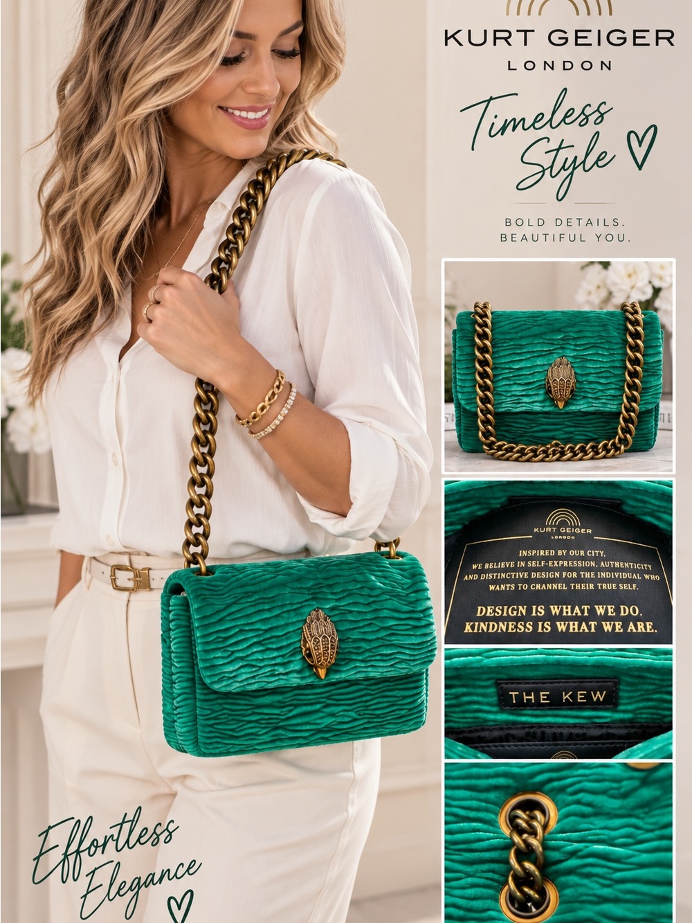 Kurt Geiger emerald green quilted shoulder bag with gold chain